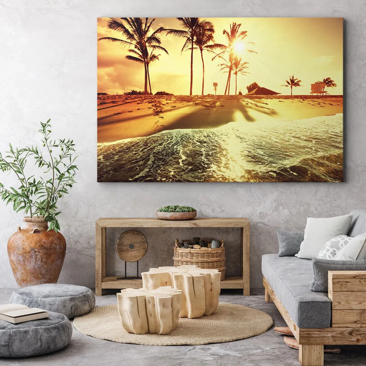 Bild auf Leinwand - Leinwandbild - Ein Strand mit Palmen, beleuchtet von einem warmen Sonnenuntergang - 120x80cm - Kalifornien am Nachmittag - Moderne Wanddekoration für Wohnzimmer und Schlafzimmer ARTTOR