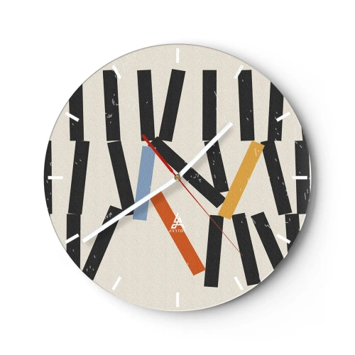 Wanduhr - Glasuhr - Farbige und schwarze Dominosteine auf hellem Hintergrund in grafischem Layout - 30x30cm - Domino – Komposition - Moderne Wanddekoration für Wohnzimmer, Küche und Schlafzimmer ARTTOR