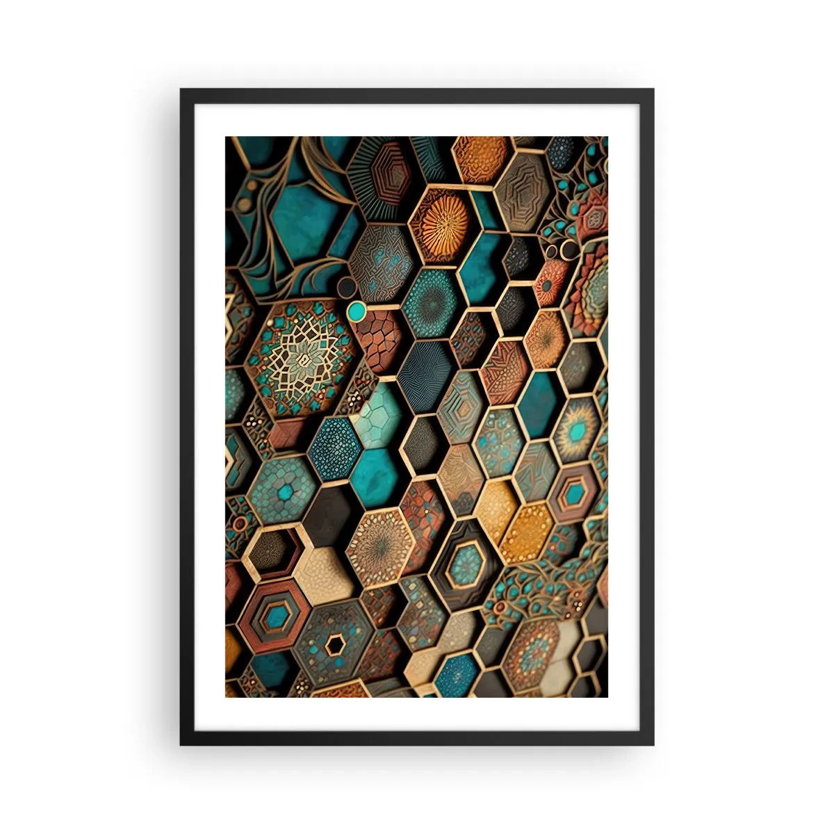 Poster in einem schwarzem Rahmen - Eine geometrische Komposition aus Sechsecken in einer Gold- und Türkispalette. - 50x70cm - Arabische Ornamente – Variation - Moderne Wanddekoration für Wohnzimmer und Schlafzimmer ARTTOR