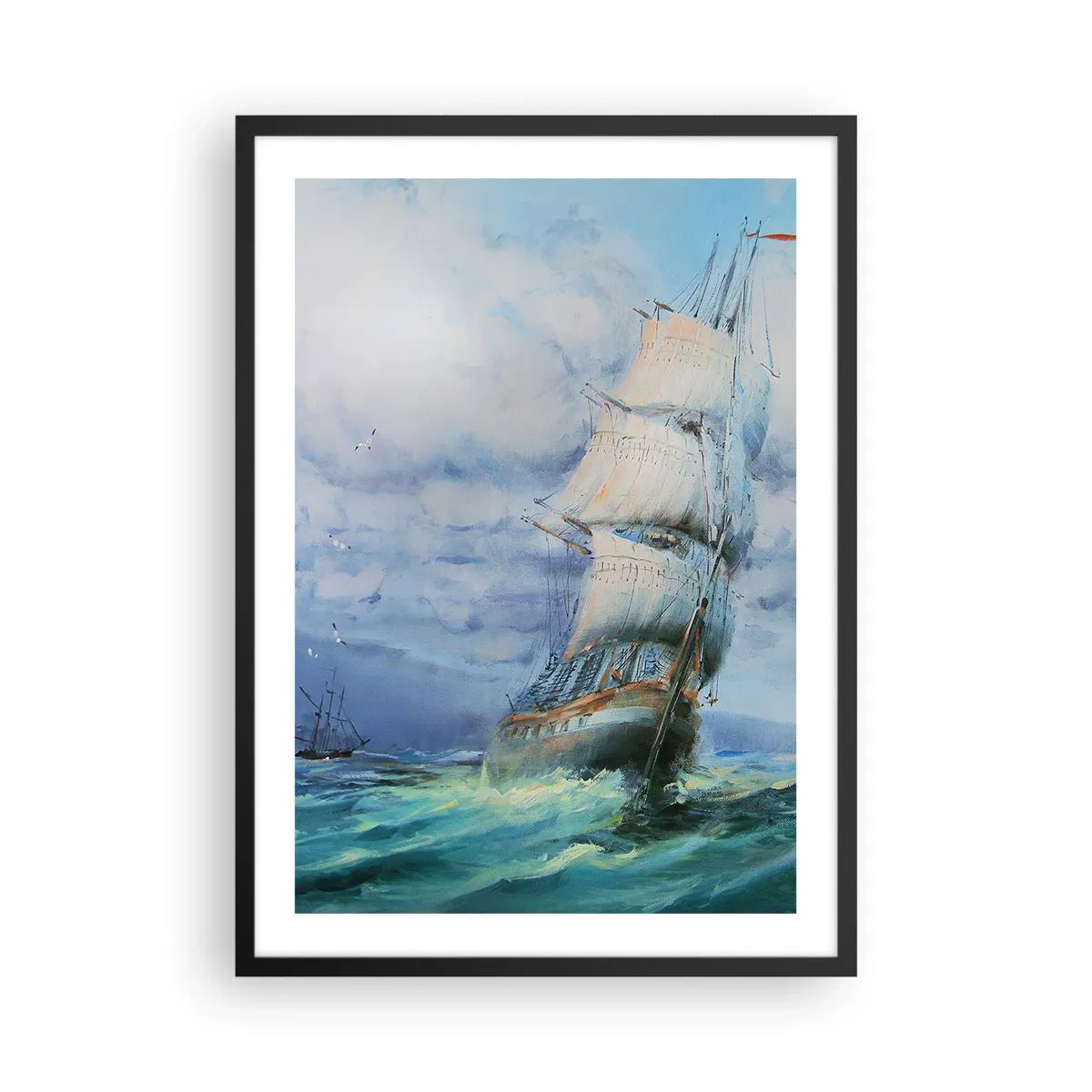 Poster in einem schwarzem Rahmen - Ein Segelschiff auf stürmischer See in Aquarell - 50x70cm - Guter Wind - Moderne Wanddekoration für Wohnzimmer und Schlafzimmer ARTTOR