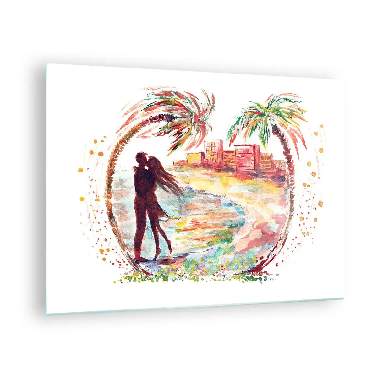 Glasbild - Bild auf glas - Romantisches Paar in tropischer Umgebung mit Palmen - 70x50cm - Romantischer Urlaub - Moderne Wanddekoration für Wohnzimmer und Schlafzimmer ARTTOR