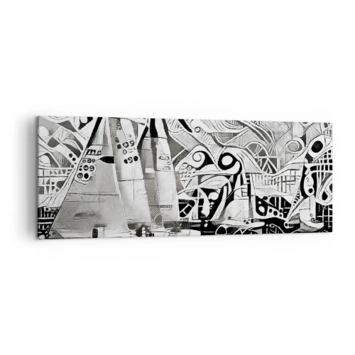 Bild auf Leinwand - Leinwandbild - Abstrakte Segelboote in einer monochromen Komposition - 140x50cm - Zwischen den Wellen - Moderne Wanddekoration für Wohnzimmer und Schlafzimmer ARTTOR