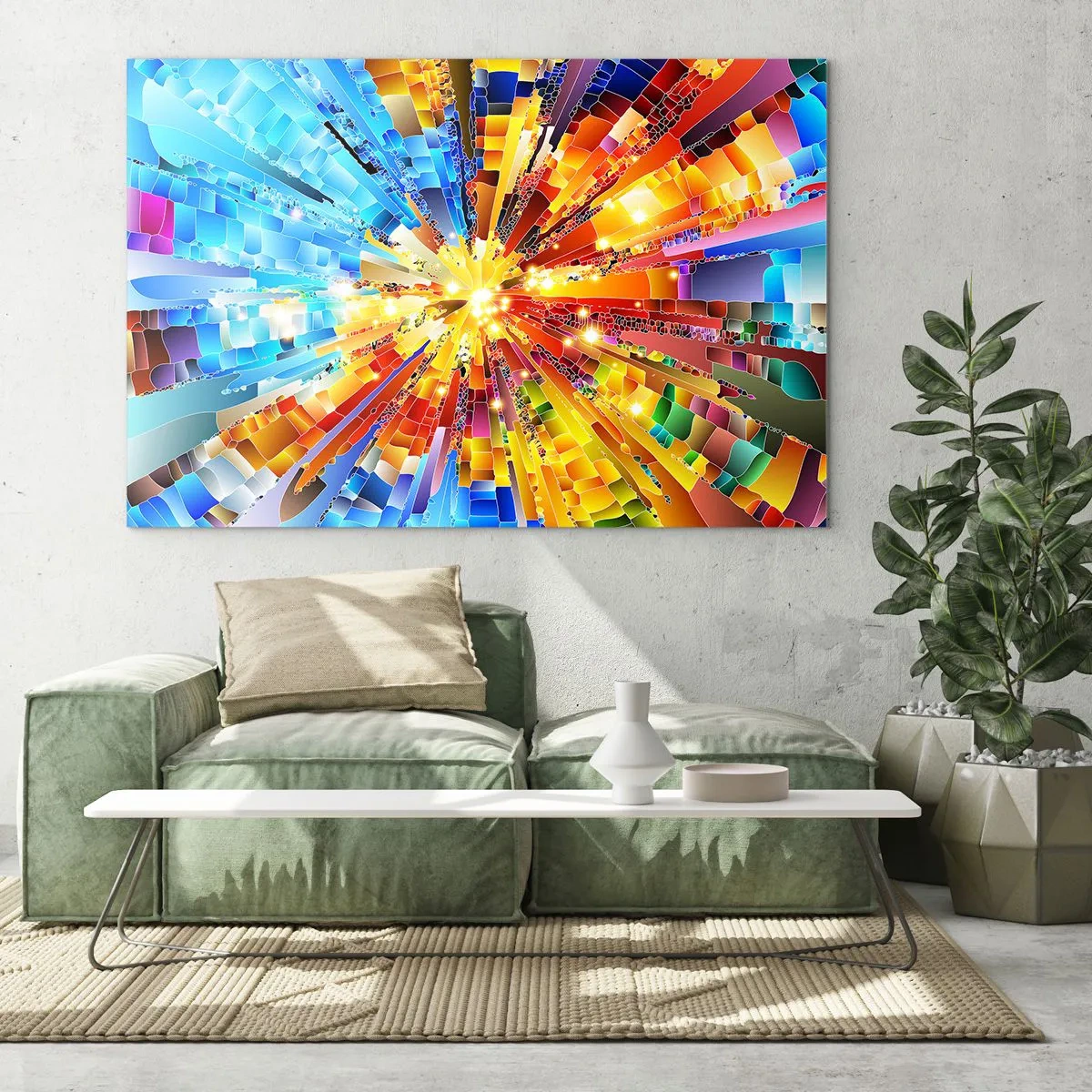 Glasbild - Bild auf glas - Eine abstrakte Farbexplosion in einer dynamischen, geometrischen Komposition. - 100x70cm - In Medienauflösung - Moderne Wanddekoration für Wohnzimmer und Schlafzimmer ARTTOR