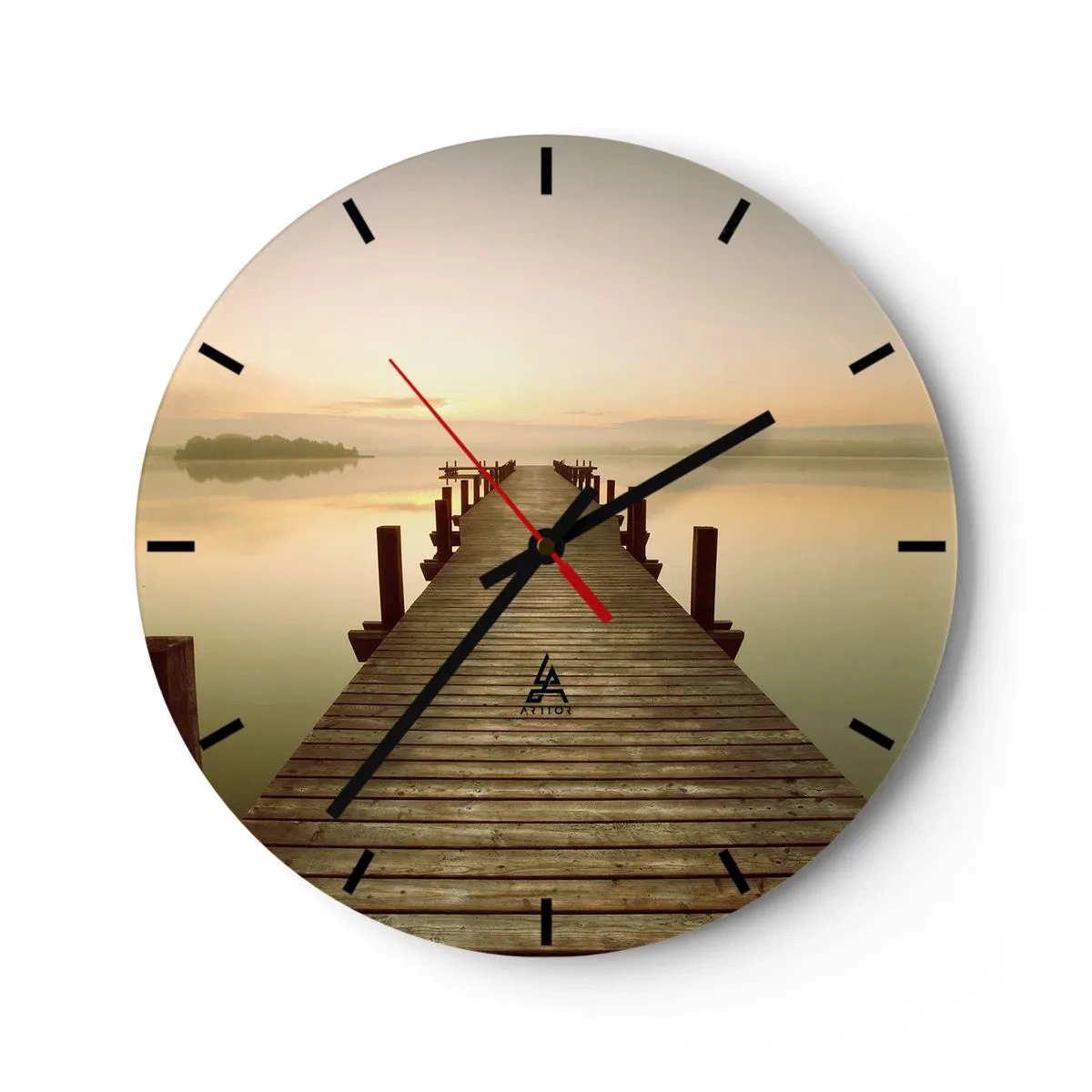 Wanduhr - Glasuhr - Ein Holzsteg bei Sonnenaufgang über einem ruhigen See - 30x30cm - Tagesanbruch, Morgendämmerung, Licht - Moderne Wanddekoration für Wohnzimmer, Küche und Schlafzimmer ARTTOR