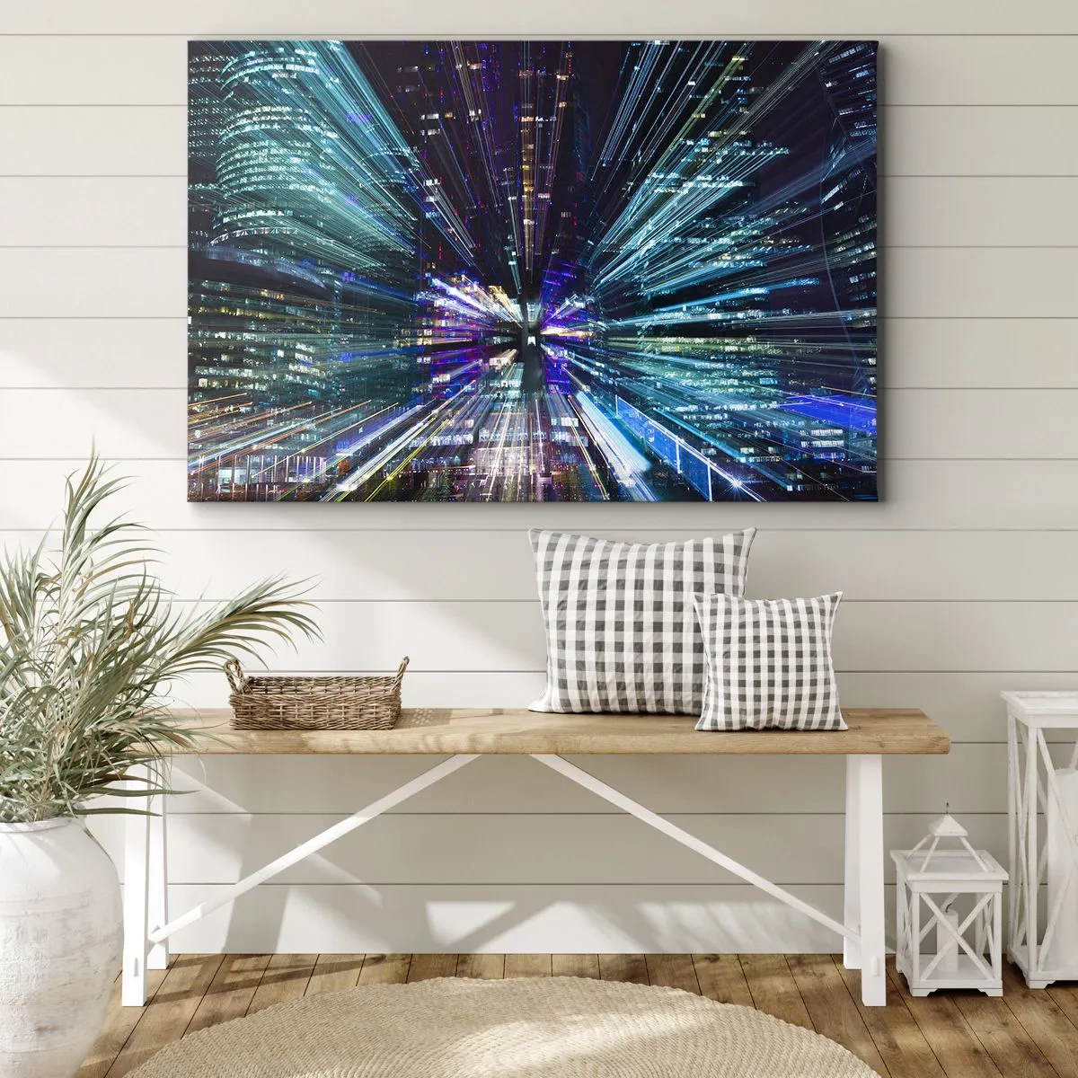 Bild auf Leinwand - Leinwandbild - Dynamische Ansicht der Stadt bei Nacht mit Lichteffekt - 70x50cm - Übergang zum Hyperraum - Moderne Wanddekoration für Wohnzimmer und Schlafzimmer ARTTOR