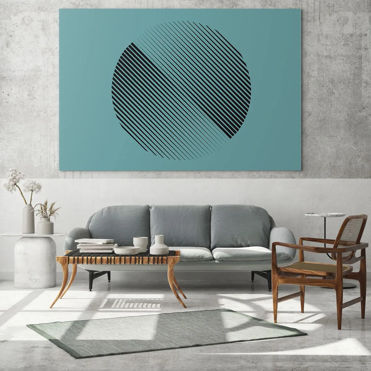 Glasbild - Bild auf glas - Schwarze Linien bilden einen Kreis auf türkisfarbenem Hintergrund - 100x70cm - Kreis – eine geometrische Variante - Moderne Wanddekoration für Wohnzimmer und Schlafzimmer ARTTOR