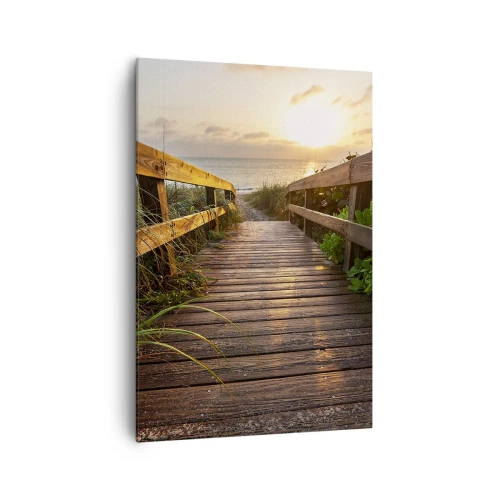 Bild auf Leinwand - Leinwandbild - Holzsteg zum Strand bei Sonnenuntergang - 70x100cm - Und direkt ans Ufer - Moderne Wanddekoration für Wohnzimmer und Schlafzimmer ARTTOR