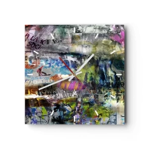 Wanduhr - Glasuhr - Abstrakte Collage mit Text und verschiedenen Farben - 30x30cm - Collage aus Erinnerungen - Moderne Wanddekoration für Wohnzimmer und Schlafzimmer ARTTOR