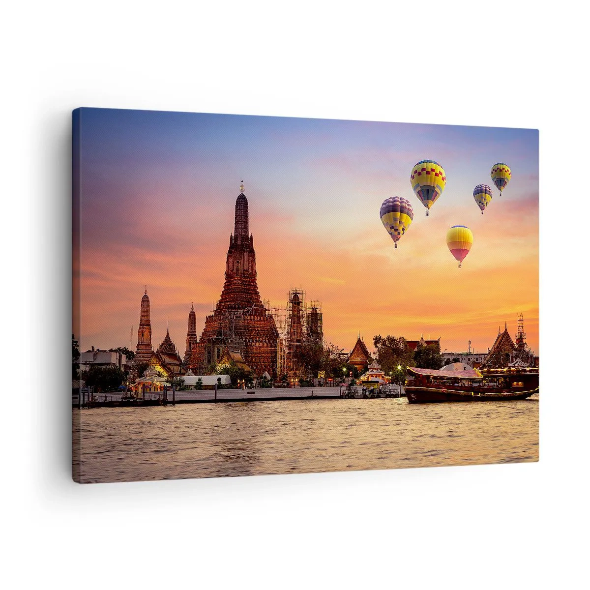 Bild auf Leinwand - Leinwandbild - Ein Tempel und Ballons vor dem Hintergrund der untergehenden Sonne über dem Fluss - 70x50cm - Hier werden Märchen geboren - Moderne Wanddekoration für Wohnzimmer und Schlafzimmer ARTTOR