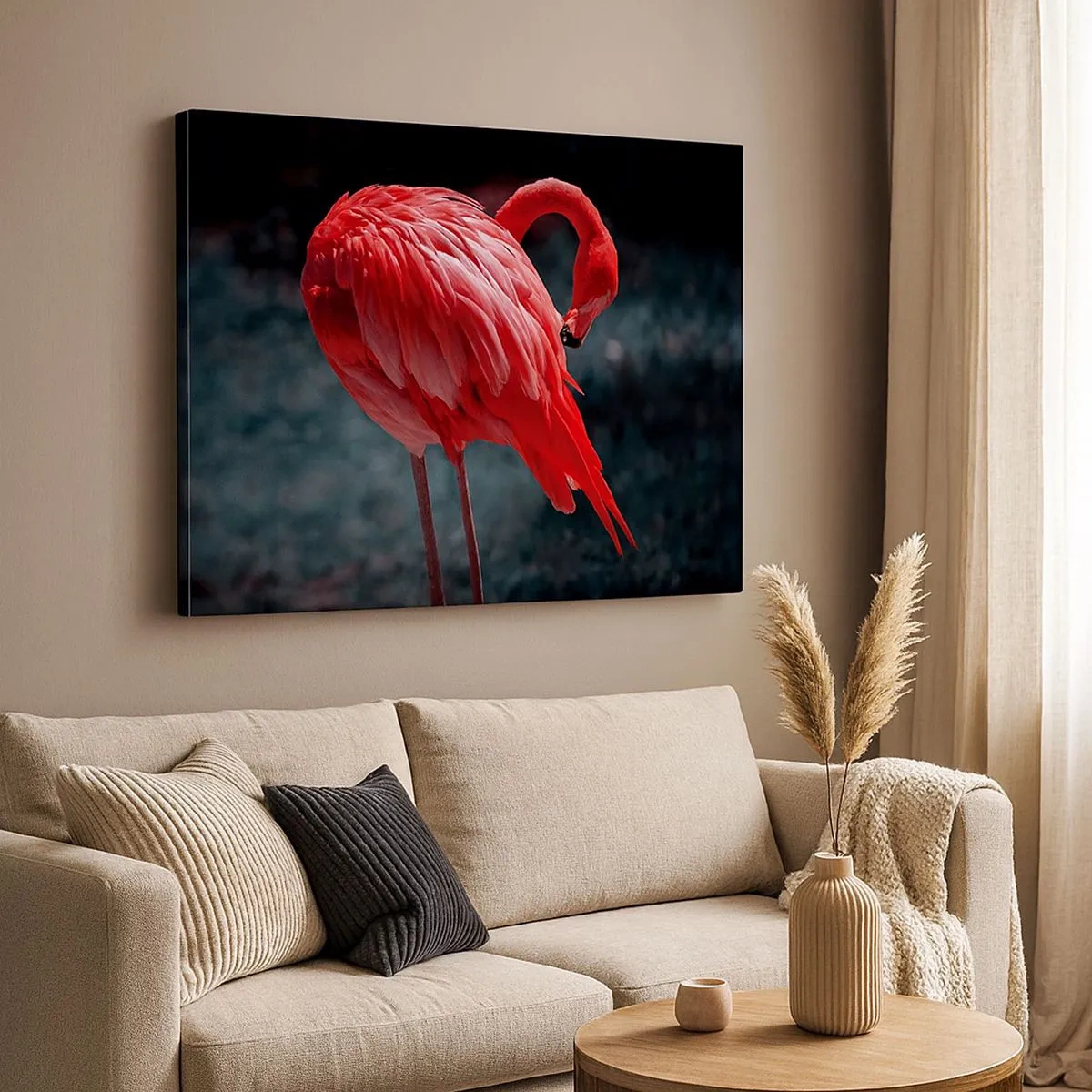 Bild auf Leinwand - Leinwandbild - Ein rosa Flamingo auf dunkelgrünem Hintergrund - 70x50cm - Ein purpurrotes Gedicht der Natur - Moderne Wanddekoration für Wohnzimmer und Schlafzimmer ARTTOR