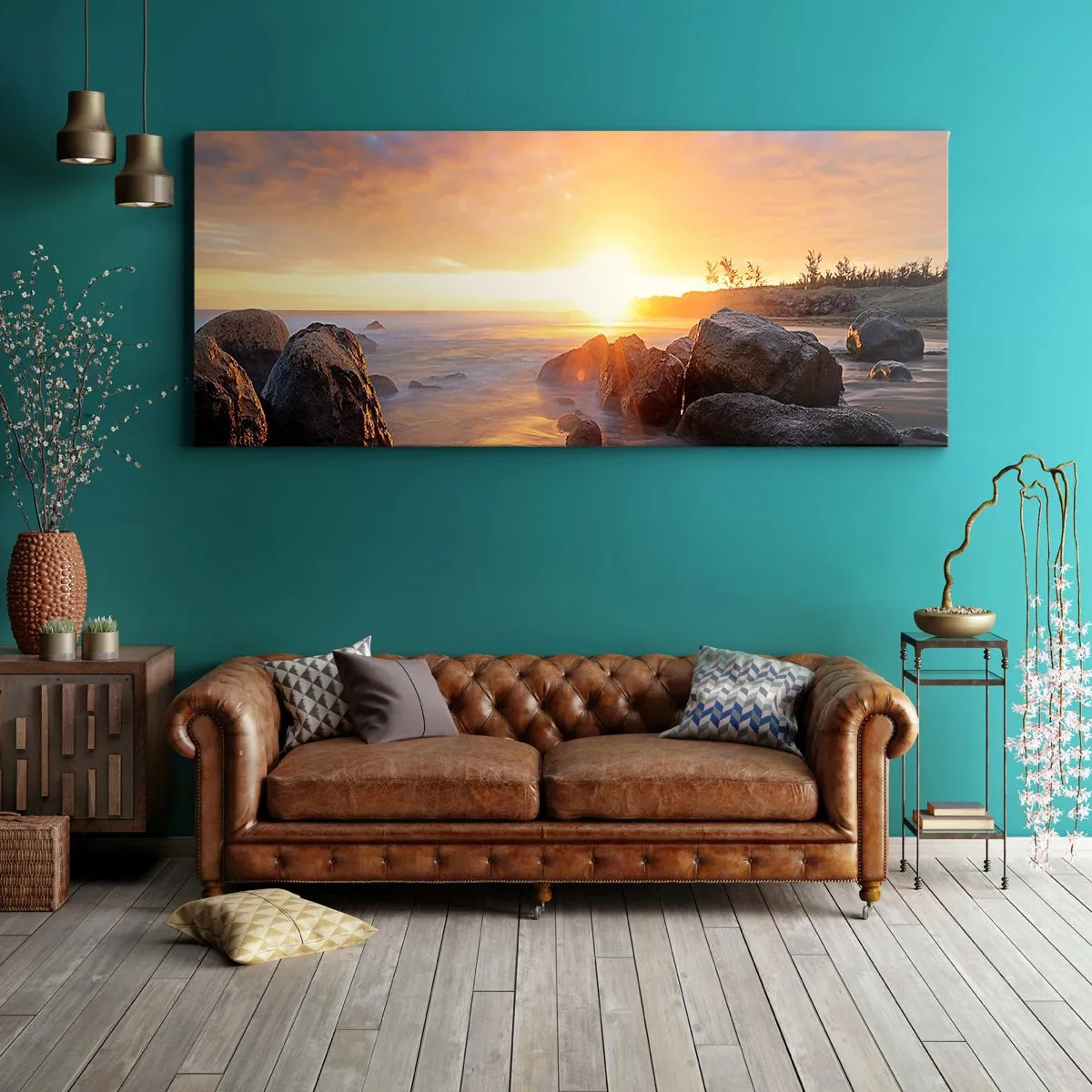 Bild auf Leinwand - Leinwandbild - Sonnenuntergang über der felsigen Küste - 140x50cm - Leuchtende Brise des Abends - Moderne Wanddekoration für Wohnzimmer und Schlafzimmer ARTTOR