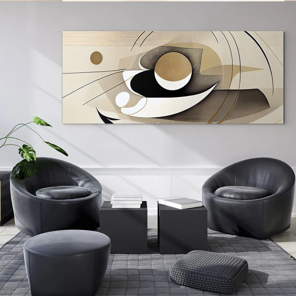 Glasbild - Bild auf glas - Abstrakte Komposition in Beige- und Schwarztönen - 140x50cm - Komposition: die Essenz des Wortes - Moderne Wanddekoration für Wohnzimmer und Schlafzimmer ARTTOR