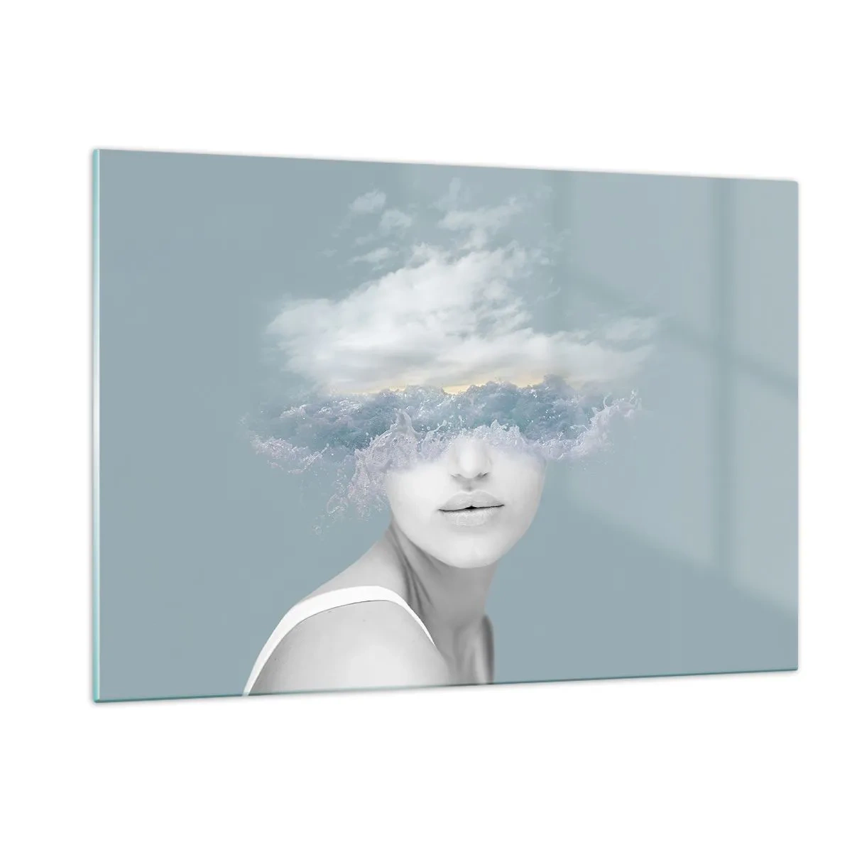 Glasbild - Bild auf glas - Das Gesicht einer Frau verschmilzt in einer surrealen Vision mit Himmel und Wolken. - 120x80cm - Mit dem Kopf in den Wolken - Moderne Wanddekoration für Wohnzimmer und Schlafzimmer ARTTOR