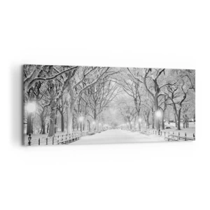 Bild auf Leinwand - Leinwandbild - Eine Winterallee mit schneebedeckten Bäumen in Monochrom - 120x50cm - Vier Jahreszeiten - Winter - Moderne Wanddekoration für Wohnzimmer und Schlafzimmer ARTTOR