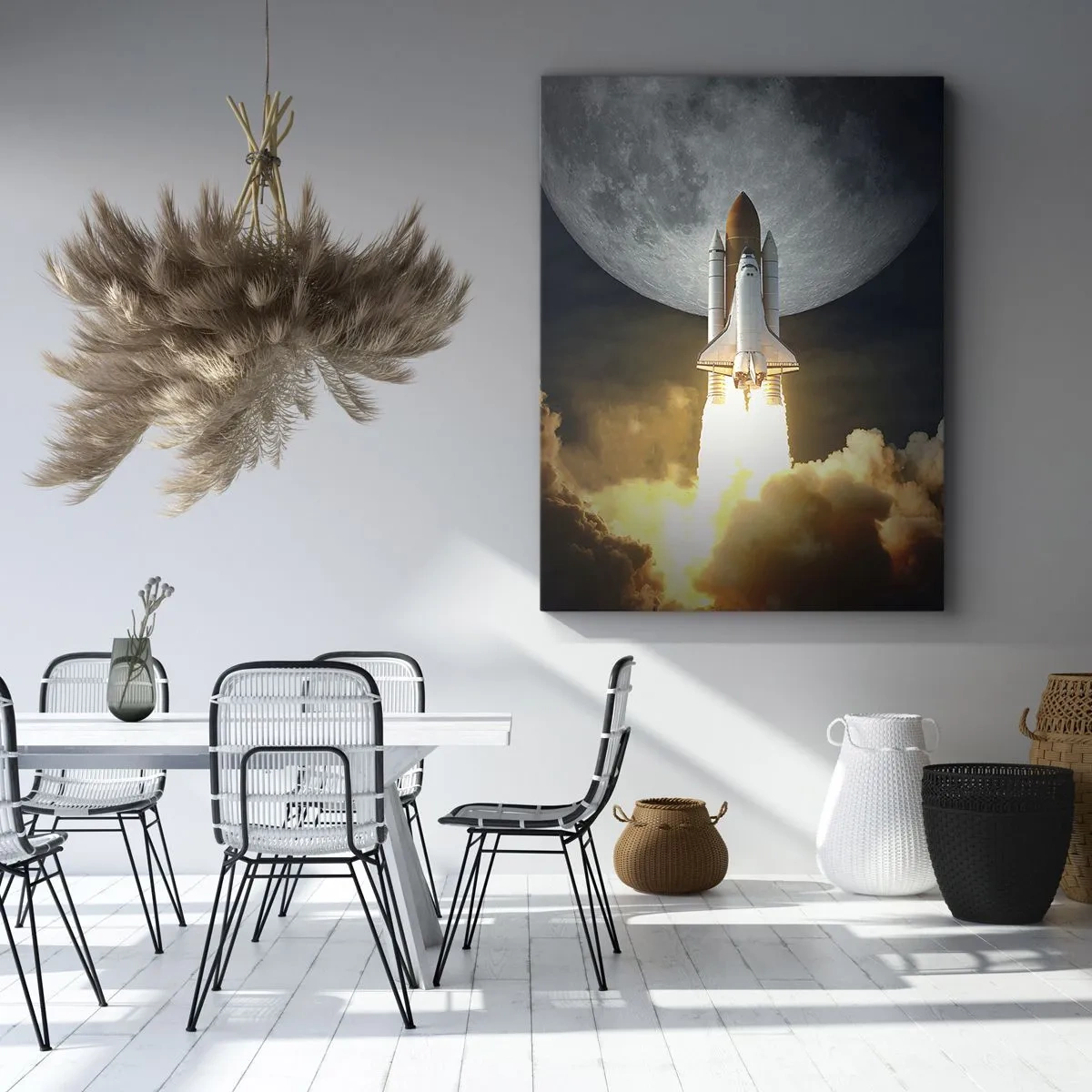 Bild auf Leinwand - Leinwandbild - Eine Rakete hebt vor dem Hintergrund eines Vollmonds ab, umgeben von dynamischen Wolken. - 80x120cm - Beginn eines überirdischen Abenteuers - Moderne Wanddekoration für Wohnzimmer und Schlafzimmer ARTTOR