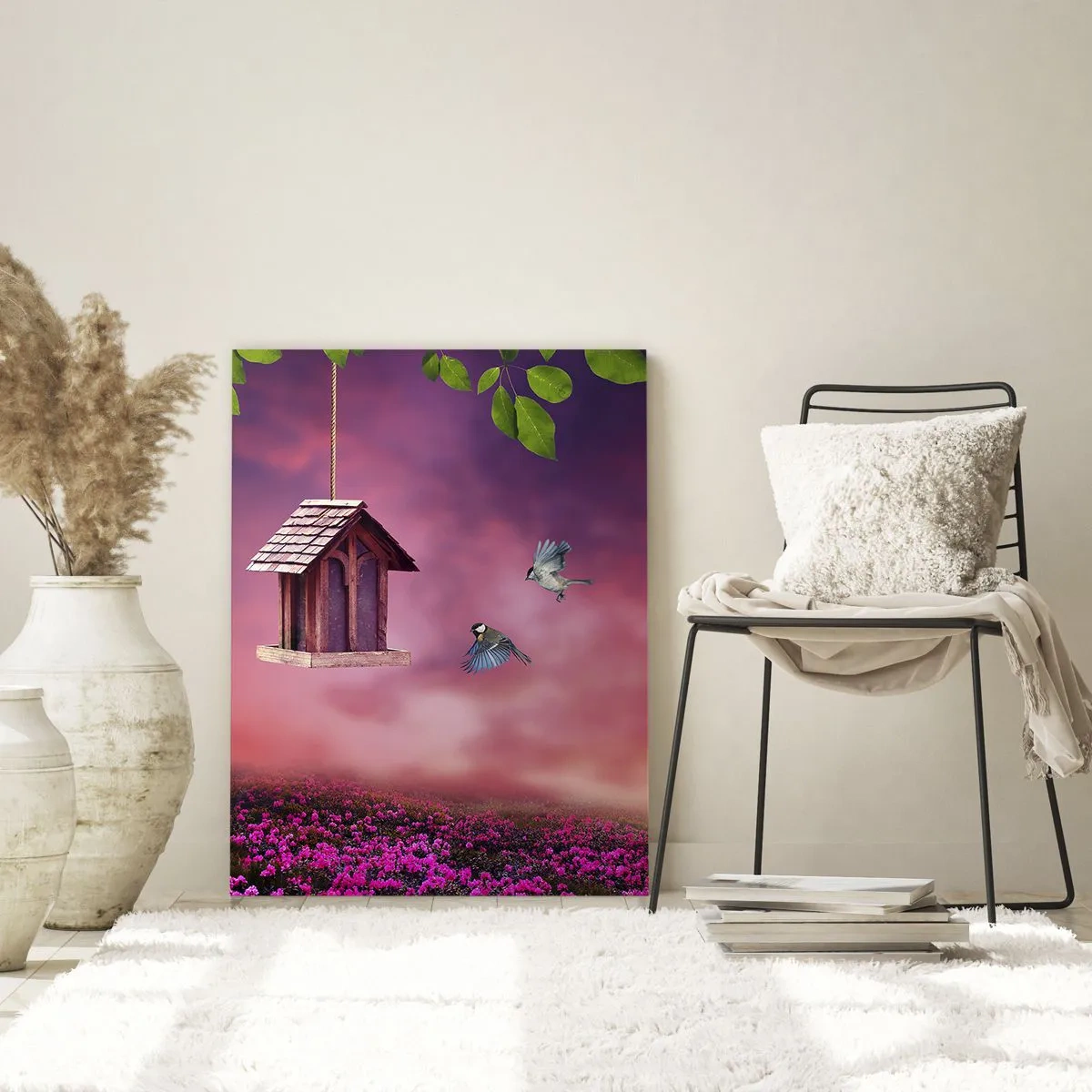 Glasbild - Bild auf glas - Eine malerische Landschaft mit einem Vogelhaus und einem Sonnenuntergang - 80x120cm - Einladung zum Abendessen - Moderne Wanddekoration für Wohnzimmer und Schlafzimmer ARTTOR