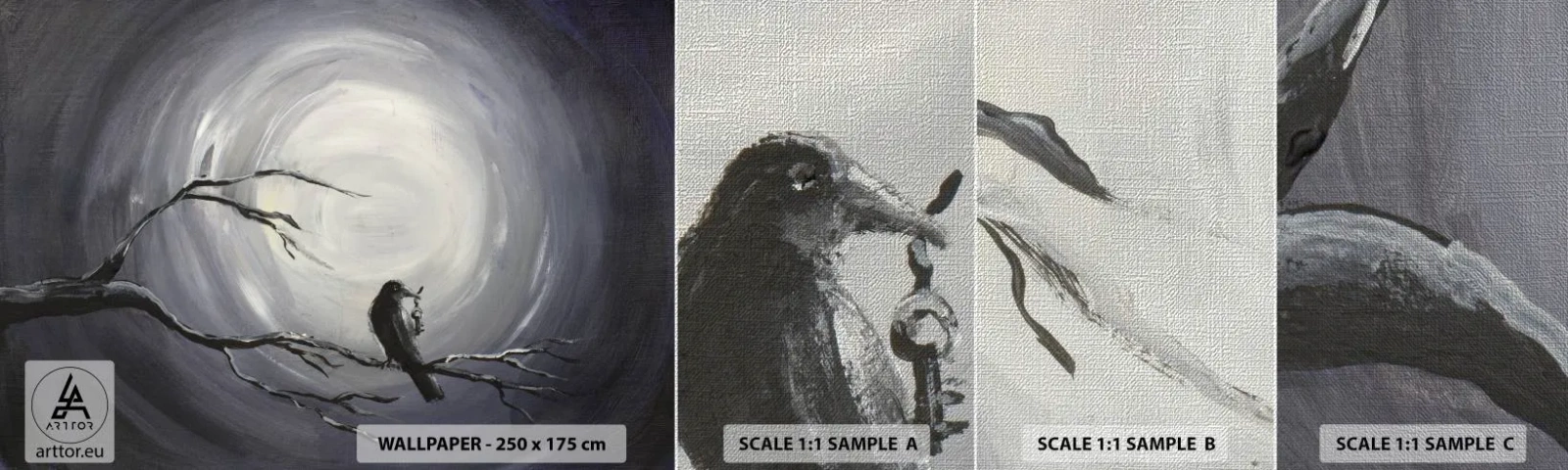 Fototapeten Muster Premium Canvas - Der Schlüssel zum Geheimnis der Nacht - Abstraktion, Krähe, Vogel - 100x30 cm