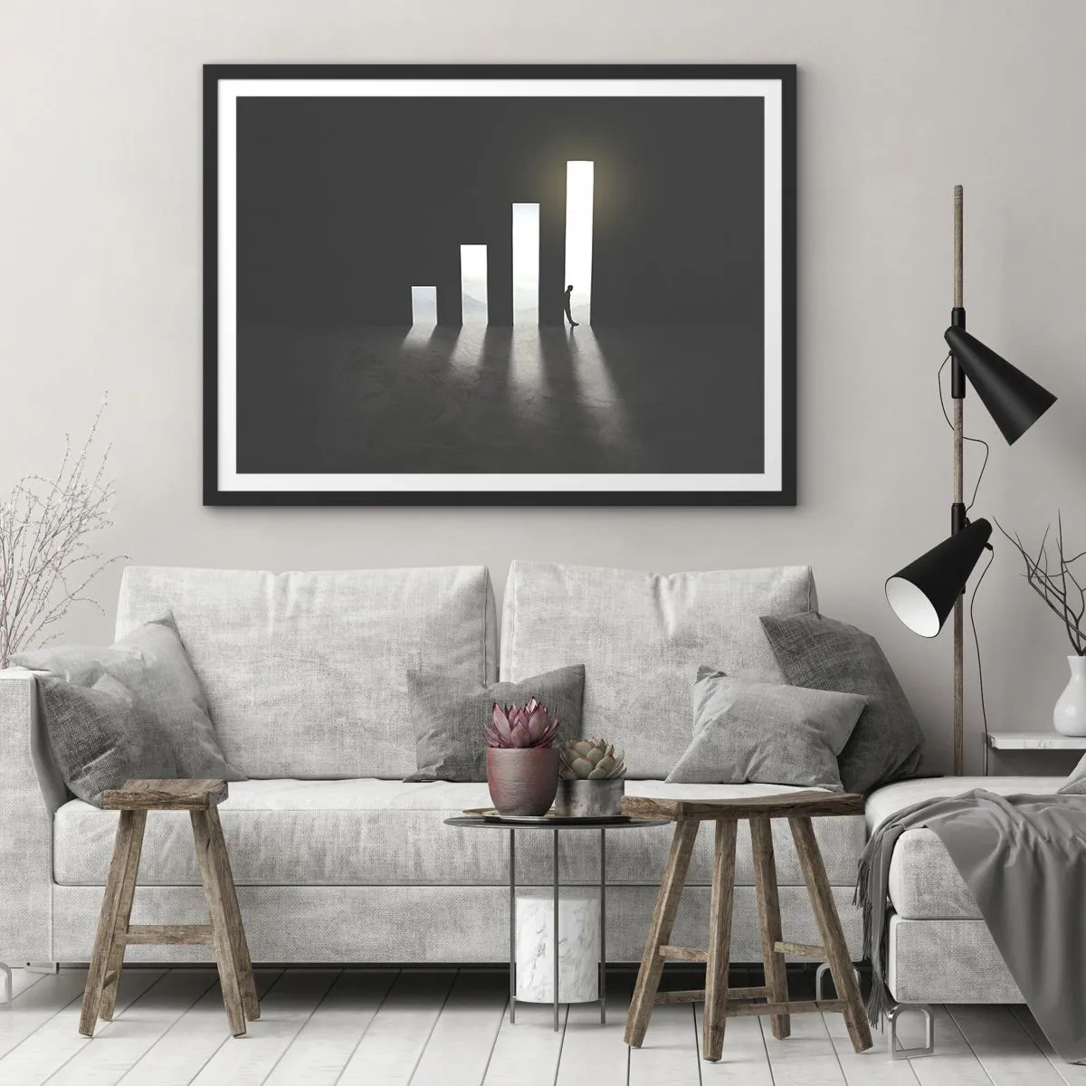Poster in einem schwarzem Rahmen - Symbolisches Wachstum in Form von lichtdurchfluteten Passagen - 70x50cm - Erfolg –