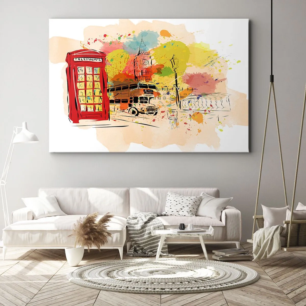 Bild auf Leinwand - Leinwandbild - London-Thema mit rotem Bus und Stand - 100x70cm - Die Stadt der Vielfalt - Moderne Wanddekoration für Wohnzimmer und Schlafzimmer ARTTOR