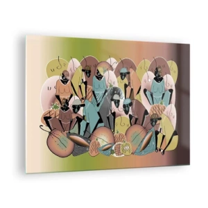 Glasbild - Bild auf glas - Eine abstrakte Illustration von Figuren in Beige-, Grün- und Rosatönen. - 70x50cm - Ein toller Urlaub steht bevor - Moderne Wanddekoration für Wohnzimmer und Schlafzimmer ARTTOR