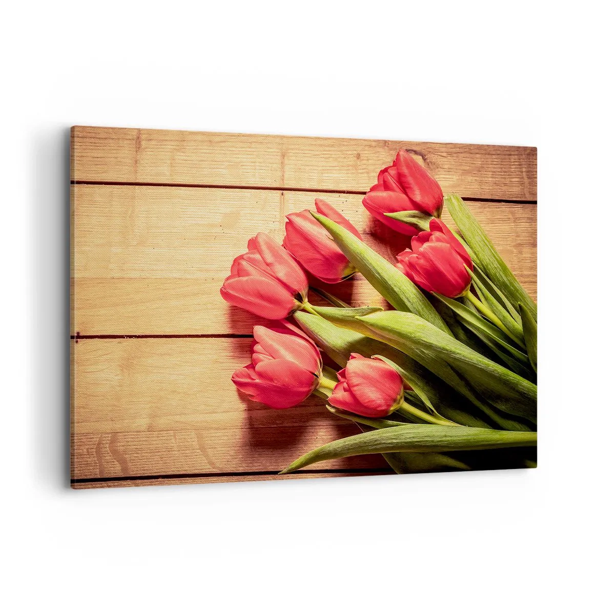 Bild auf Leinwand - Leinwandbild - Ein Strauß rosa Tulpen auf einem hölzernen Hintergrund - 100x70cm - Frühlingsgeständnis - Moderne Wanddekoration für Wohnzimmer und Schlafzimmer ARTTOR