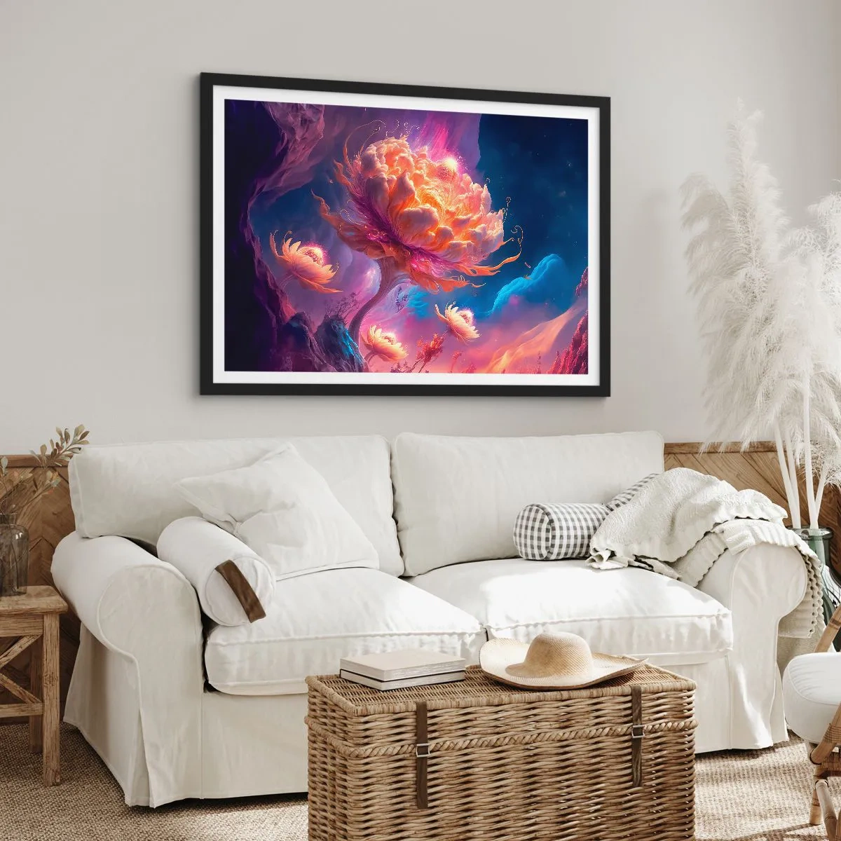 Poster in einem schwarzem Rahmen - Fantasieblumen in einer kosmischen Landschaft - 100x70cm - Andere Welt - Moderne Wanddekoration für Wohnzimmer und Schlafzimmer ARTTOR