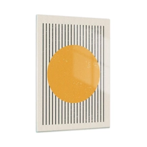 Glasbild - Bild auf glas - Ein orangefarbener Kreis vor einem Hintergrund aus horizontalen schwarzen Linien auf beigem Untergrund. - 50x70cm - Die Kraft der Einfachheit - Moderne Wanddekoration für Wohnzimmer und Schlafzimmer ARTTOR