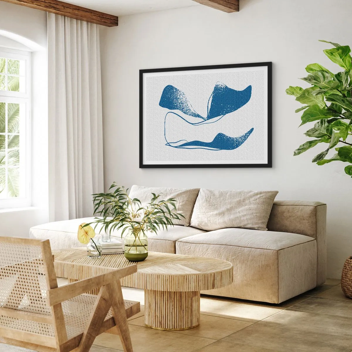 Poster in einem schwarzem Rahmen - Abstrakte Formen in Blautönen auf weißem Hintergrund - 70x50cm - Geflügelte Abstraktion - Moderne Wanddekoration für Wohnzimmer und Schlafzimmer ARTTOR