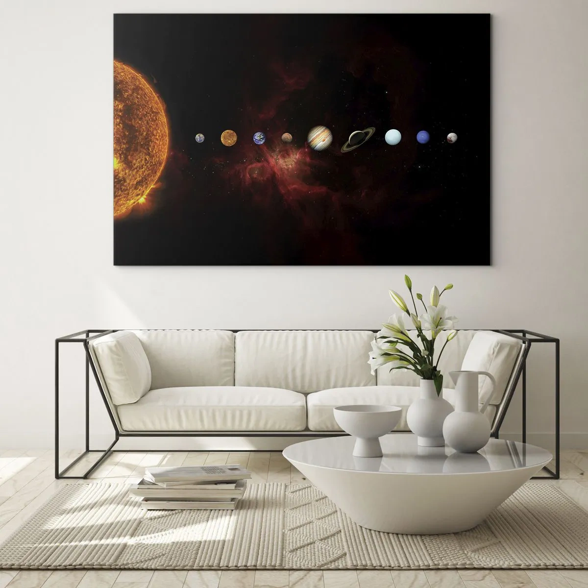 Glasbild - Bild auf glas - Planetensystem mit der Sonne auf schwarzem Hintergrund - 120x80cm - Unsere Nachbarschaft - Moderne Wanddekoration für Wohnzimmer und Schlafzimmer ARTTOR