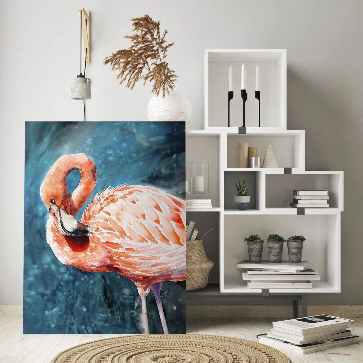 Glasbild - Bild auf glas - Ein rosa Flamingo auf einem aquarellblauen Hintergrund - 80x120cm - Von Natur aus dekorativ - Moderne Wanddekoration für Wohnzimmer und Schlafzimmer ARTTOR