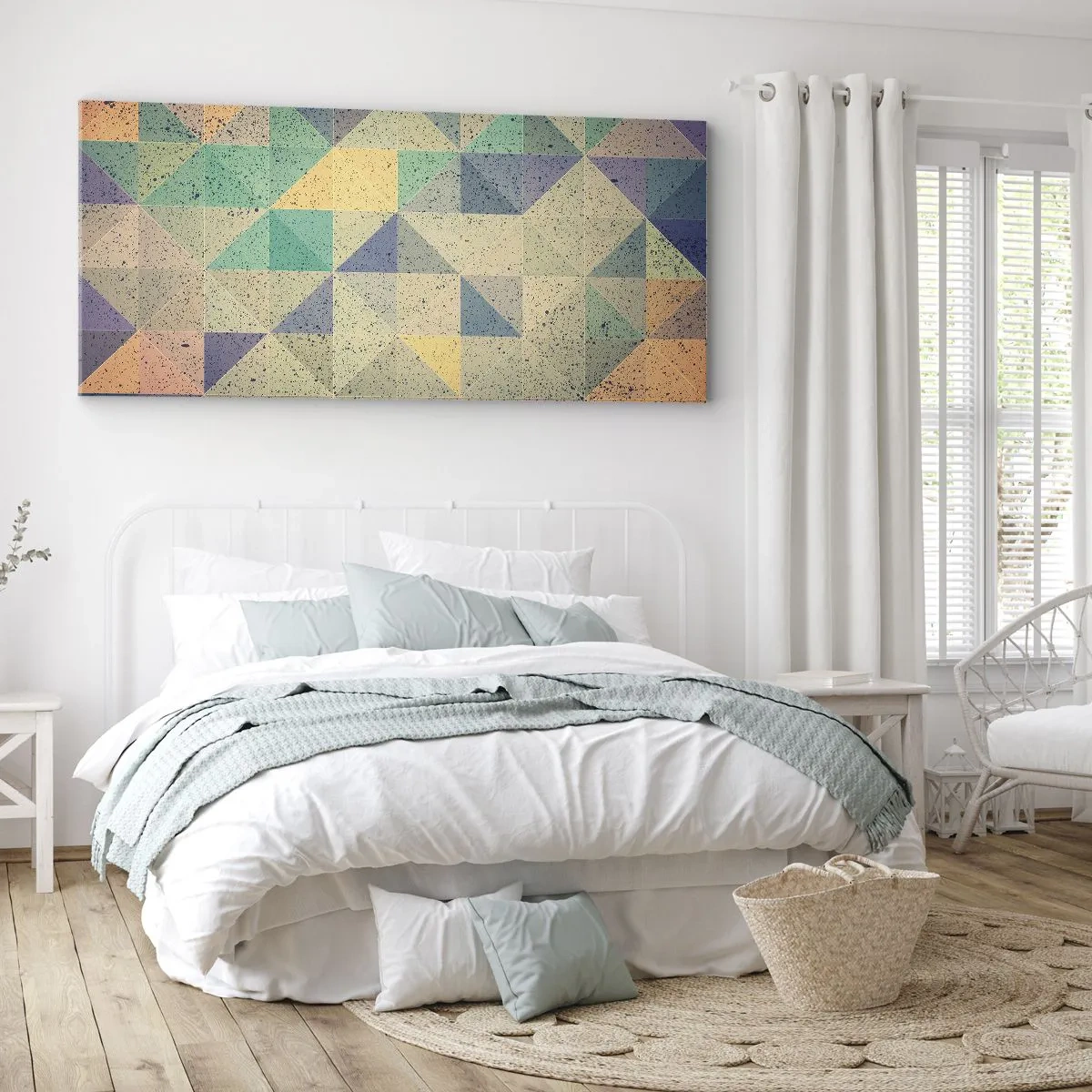 Bild auf Leinwand - Leinwandbild - Eine farbenfrohe Komposition aus geometrischen Dreiecken in Pastelltönen. - 120x50cm - Republik der Dreiecke - Moderne Wanddekoration für Wohnzimmer und Schlafzimmer ARTTOR