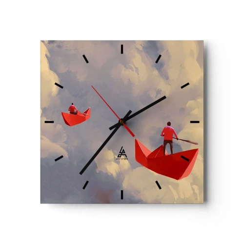 Wanduhr - Glasuhr - Rote Papierboote schweben in den Wolken - 30x30cm - Expedition der Träumer - Moderne Wanddekoration für Wohnzimmer und Schlafzimmer ARTTOR
