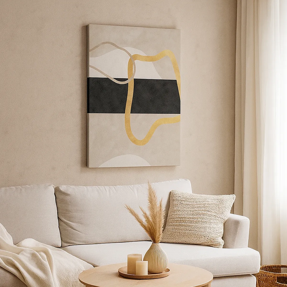 Bild auf Leinwand - Leinwandbild - Ein minimalistisches Design mit geschwungenen Formen in Gold und Schwarz. - 50x70cm - Schleifenformen - Moderne Wanddekoration für Wohnzimmer und Schlafzimmer ARTTOR