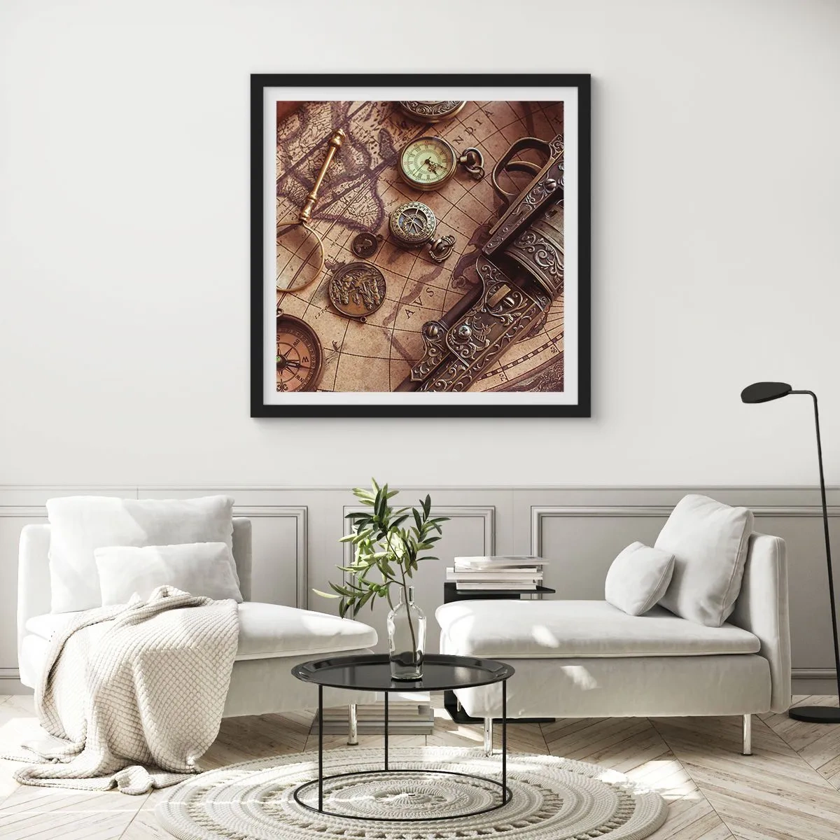 Poster in einem schwarzem Rahmen - Das Abenteuer ruft - 60x60 cm