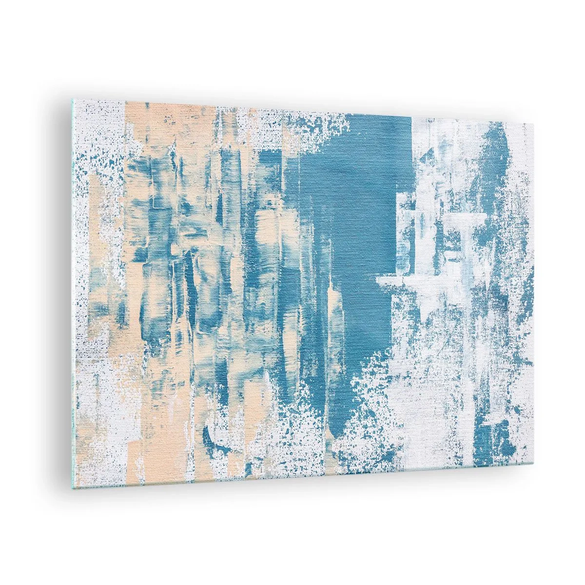 Glasbild - Bild auf glas - Abstraktion in Blau und Beige mit Pinselstruktur - 70x50cm - Durch einen Eiszapfen - Moderne Wanddekoration für Wohnzimmer und Schlafzimmer ARTTOR