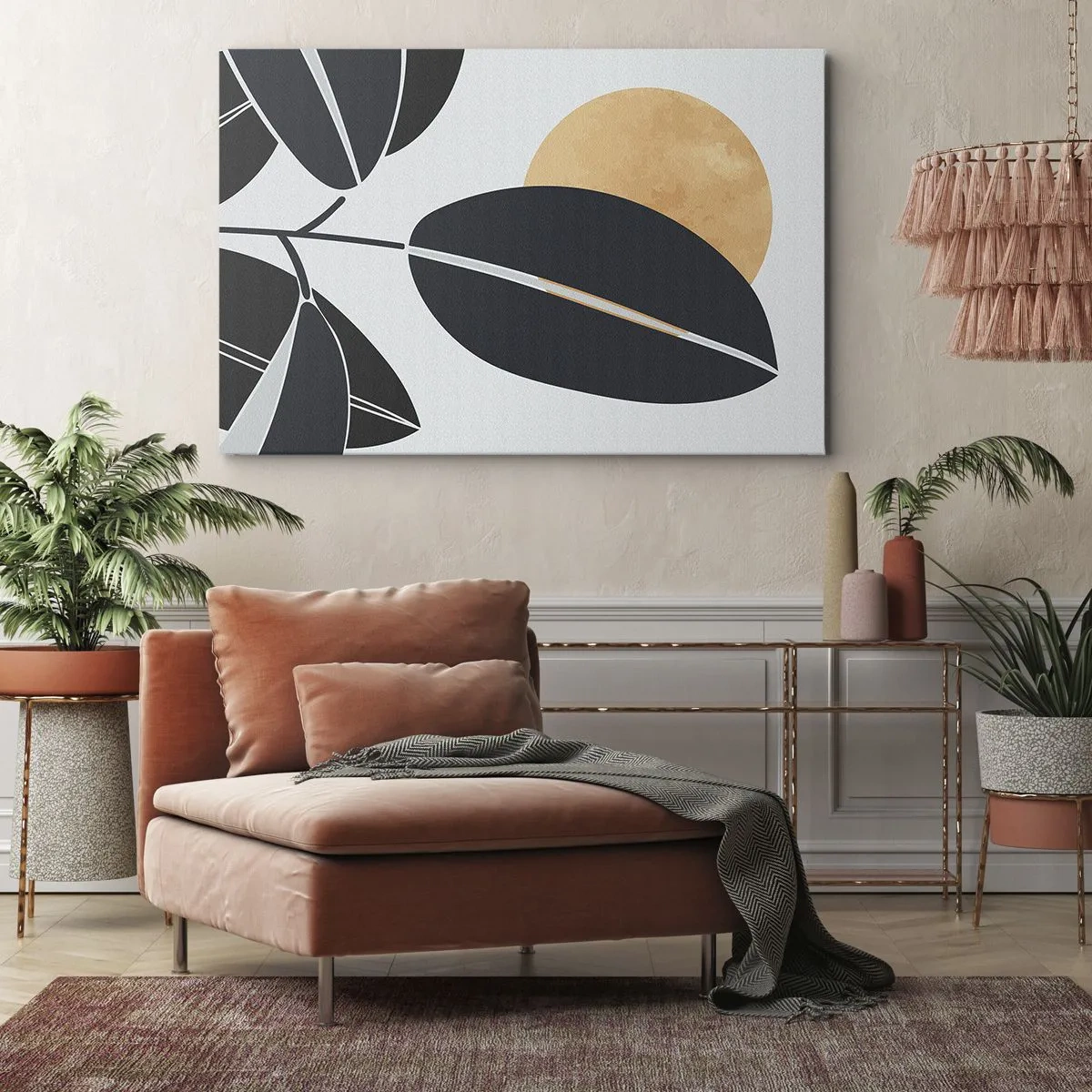 Bild auf Leinwand - Leinwandbild - Ein minimalistisches Blattmotiv mit einer strahlenden Sonne im Hintergrund. - 120x80cm - Heißer Sommertag - Moderne Wanddekoration für Wohnzimmer und Schlafzimmer ARTTOR