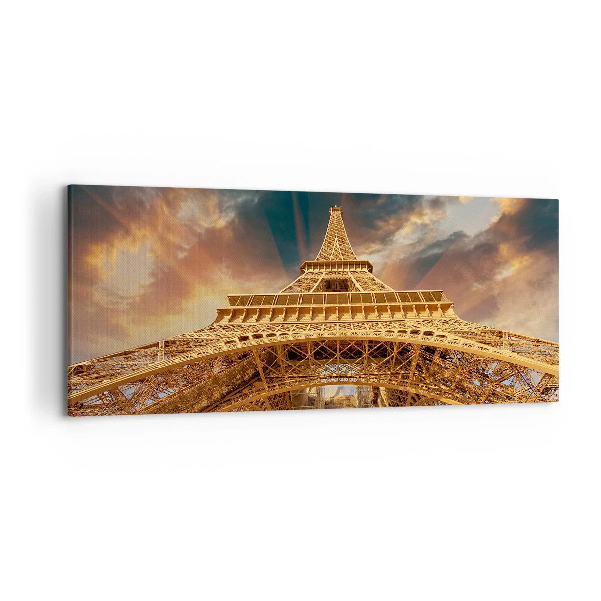 Bild auf Leinwand - Leinwandbild - Der Eiffelturm von unten vor der Kulisse der untergehenden Sonne - 120x50cm - Wie die Menschheit den Himmel erreichte - Moderne Wanddekoration für Wohnzimmer und Schlafzimmer ARTTOR