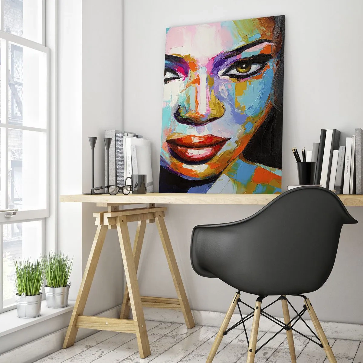 Glasbild - Bild auf glas - Ein farbenfrohes Frauenporträt in einem unverwechselbaren Stil - 50x70cm - Es ist unmöglich die Augen abzuwenden - Moderne Wanddekoration für Wohnzimmer und Schlafzimmer ARTTOR