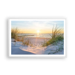 Poster in einem weißen Rahmen - Das Rauschen des Meeres, der Gesang der Vögel, ein wilder Strand im Gras ... - 91x61 cm
