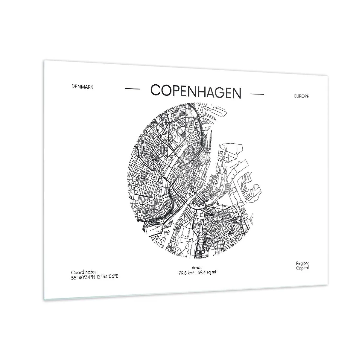 Glasbild - Bild auf glas - Eine Karte von Kopenhagen in Form einer grafischen Straßenskizze - 70x50cm - Anatomie von Kopenhagen - Moderne Wanddekoration für Wohnzimmer und Schlafzimmer ARTTOR