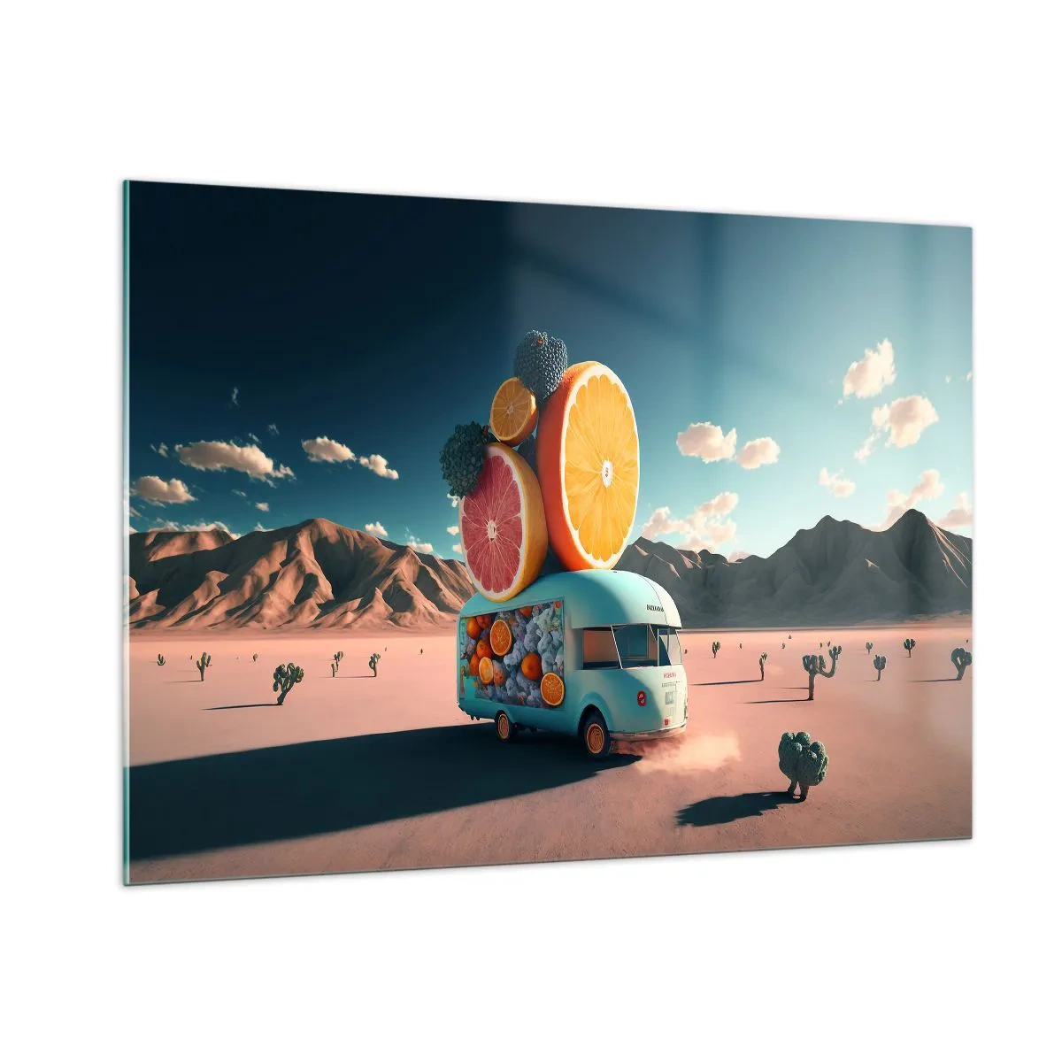 Glasbild - Bild auf glas - Ein türkisfarbener Camper mit Früchten vor einer Wüstenlandschaft - 100x70cm - Geschmack von Urlaub - Moderne Wanddekoration für Wohnzimmer und Schlafzimmer ARTTOR
