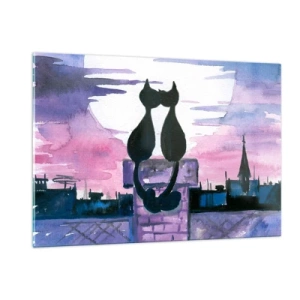Glasbild - Bild auf glas - Silhouetten von zwei Katzen vor der untergehenden Sonne - 120x80cm - Rendez-vous unter dem Mond - Moderne Wanddekoration für Wohnzimmer und Schlafzimmer ARTTOR