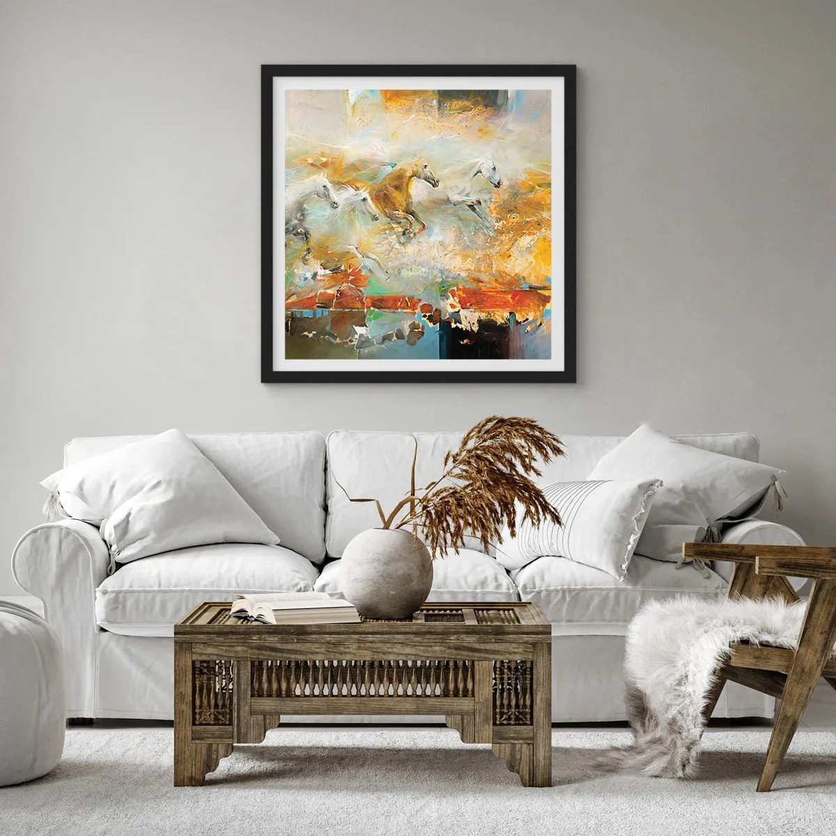 Poster in einem schwarzem Rahmen - Im Galopp durch das Licht - 50x50 cm