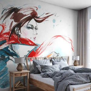 Fototapete Premium Canvas - Eine Frau in einem roten Schal mit dynamischen Aquarellstrichen - 100x70cm - Mit mir stimmt was nicht - Moderne Wanddekoration für Wohnzimmer und Schlafzimmer ARTTOR