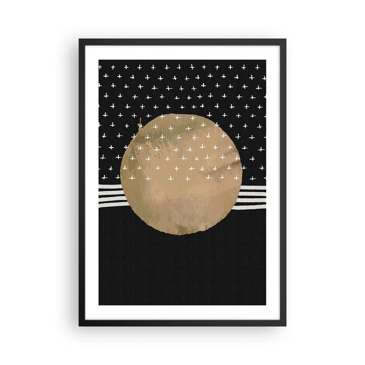 Poster in einem schwarzem Rahmen - Abstrakte goldene Kugel auf schwarzem Hintergrund mit Mustern - 50x70cm - Komposition: Galaxienflagge - Moderne Wanddekoration für Wohnzimmer und Schlafzimmer ARTTOR