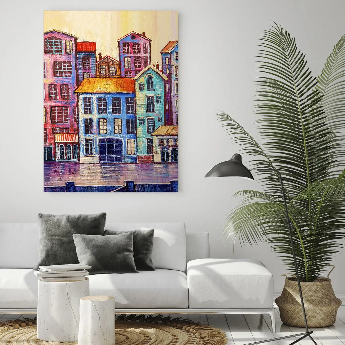 Glasbild - Bild auf glas - Bunte Mietshäuser spiegeln sich im Wasser - 50x70cm - Stadt wie aus einem Märchen - Moderne Wanddekoration für Wohnzimmer und Schlafzimmer ARTTOR
