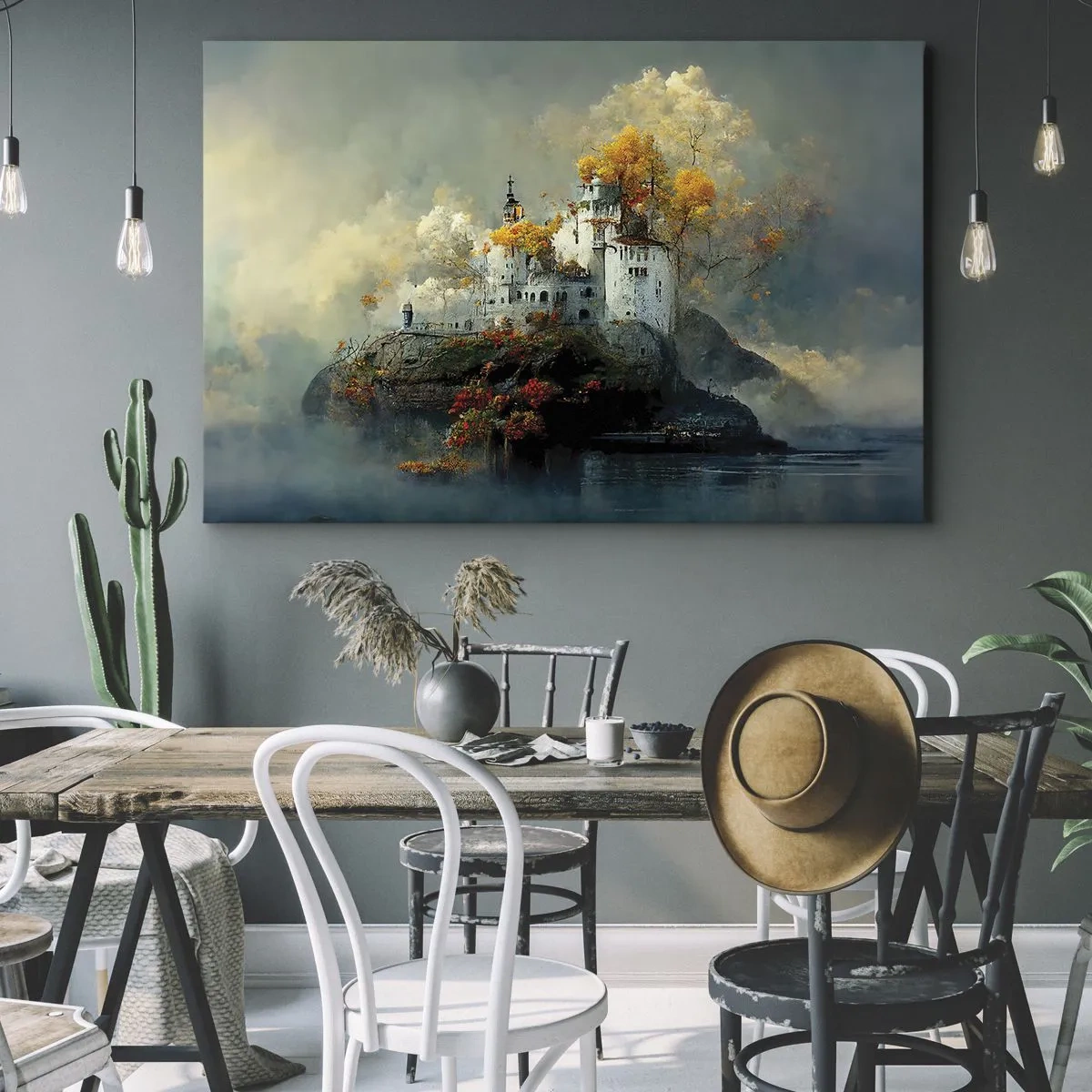 Bild auf Leinwand - Leinwandbild - Ein Schloss auf einem Hügel, umgeben von herbstlichen Bäumen - 120x80cm - Beginn einer romantischen Geschichte - Moderne Wanddekoration für Wohnzimmer und Schlafzimmer ARTTOR