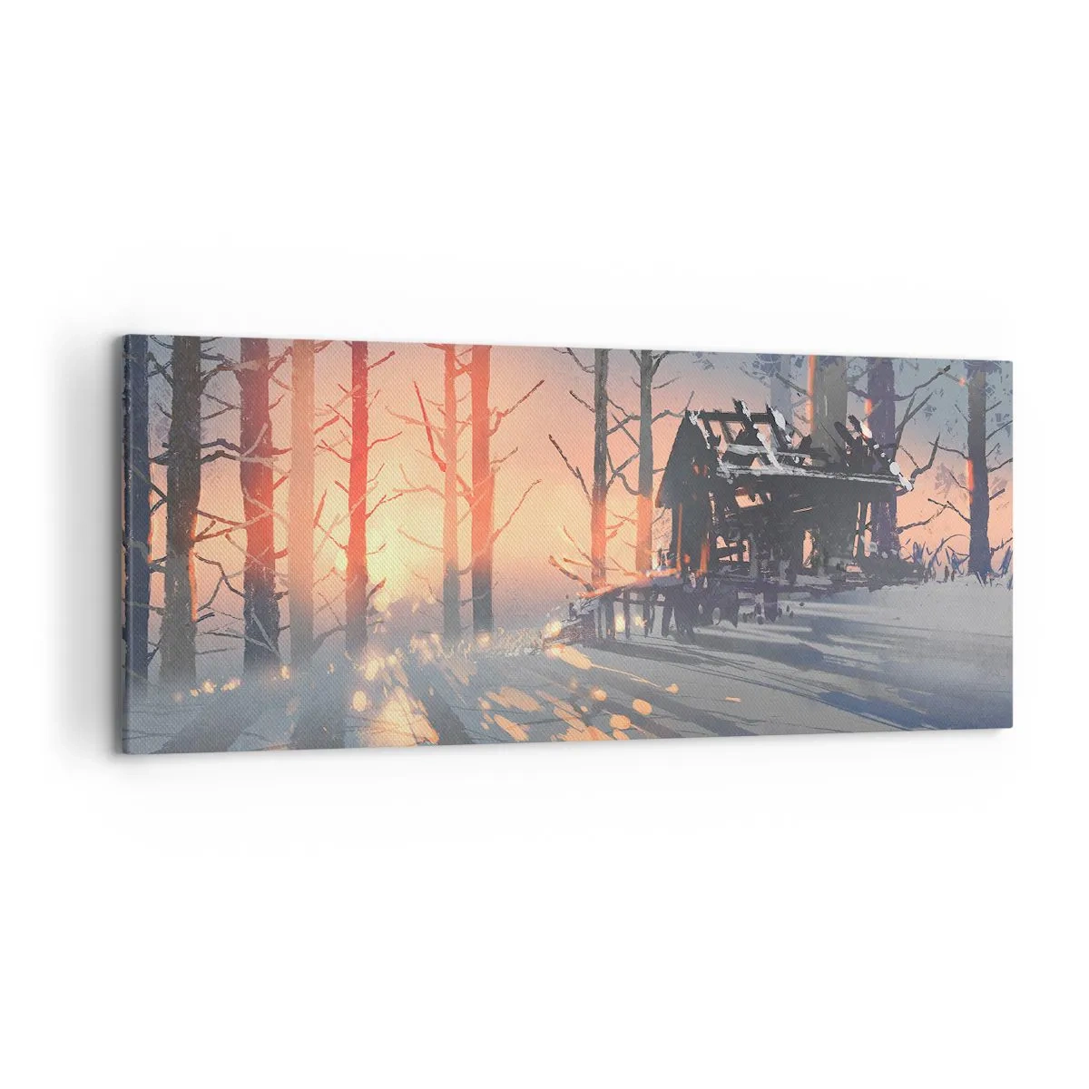 Bild auf Leinwand - Leinwandbild - Ein Waldhäuschen in einer Winterlandschaft mit den Strahlen der untergehenden Sonne - 120x50cm - Hier sieht nur die Sonne rein - Moderne Wanddekoration für Wohnzimmer und Schlafzimmer ARTTOR