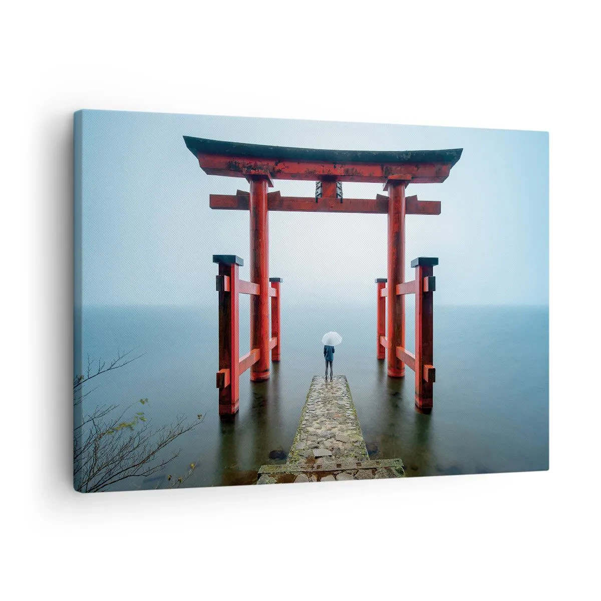 Bild auf Leinwand - Leinwandbild - Ein Torii-Tor mit Blick auf einen ruhigen See in Japan - 70x50cm - Japanische Träumerei - Moderne Wanddekoration für Wohnzimmer und Schlafzimmer ARTTOR
