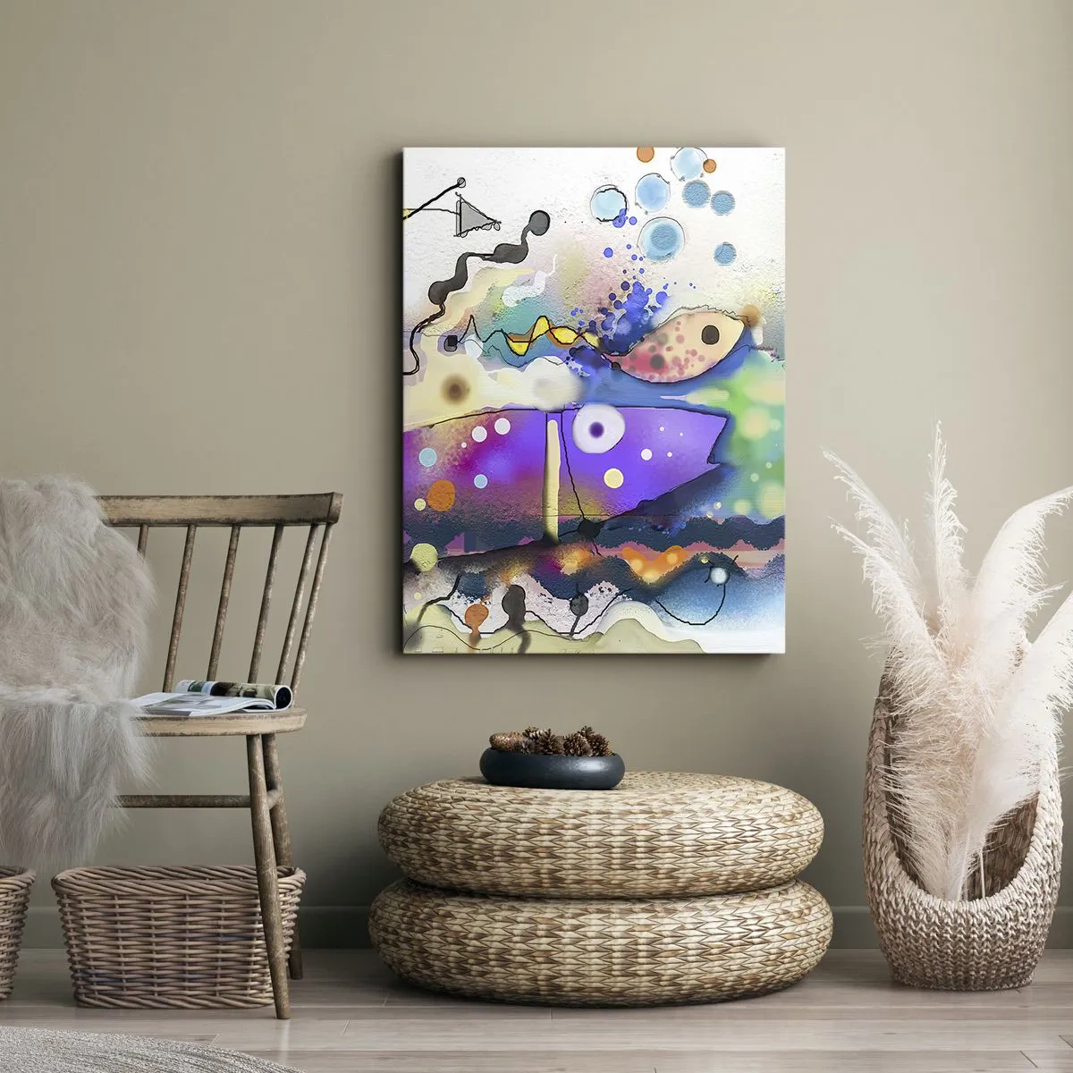 Bild auf Leinwand - Leinwandbild - Abstrakter Fisch in einer farbenfrohen, surrealen Komposition - 70x100cm - Es fehlen die Worte! - Moderne Wanddekoration für Wohnzimmer und Schlafzimmer ARTTOR